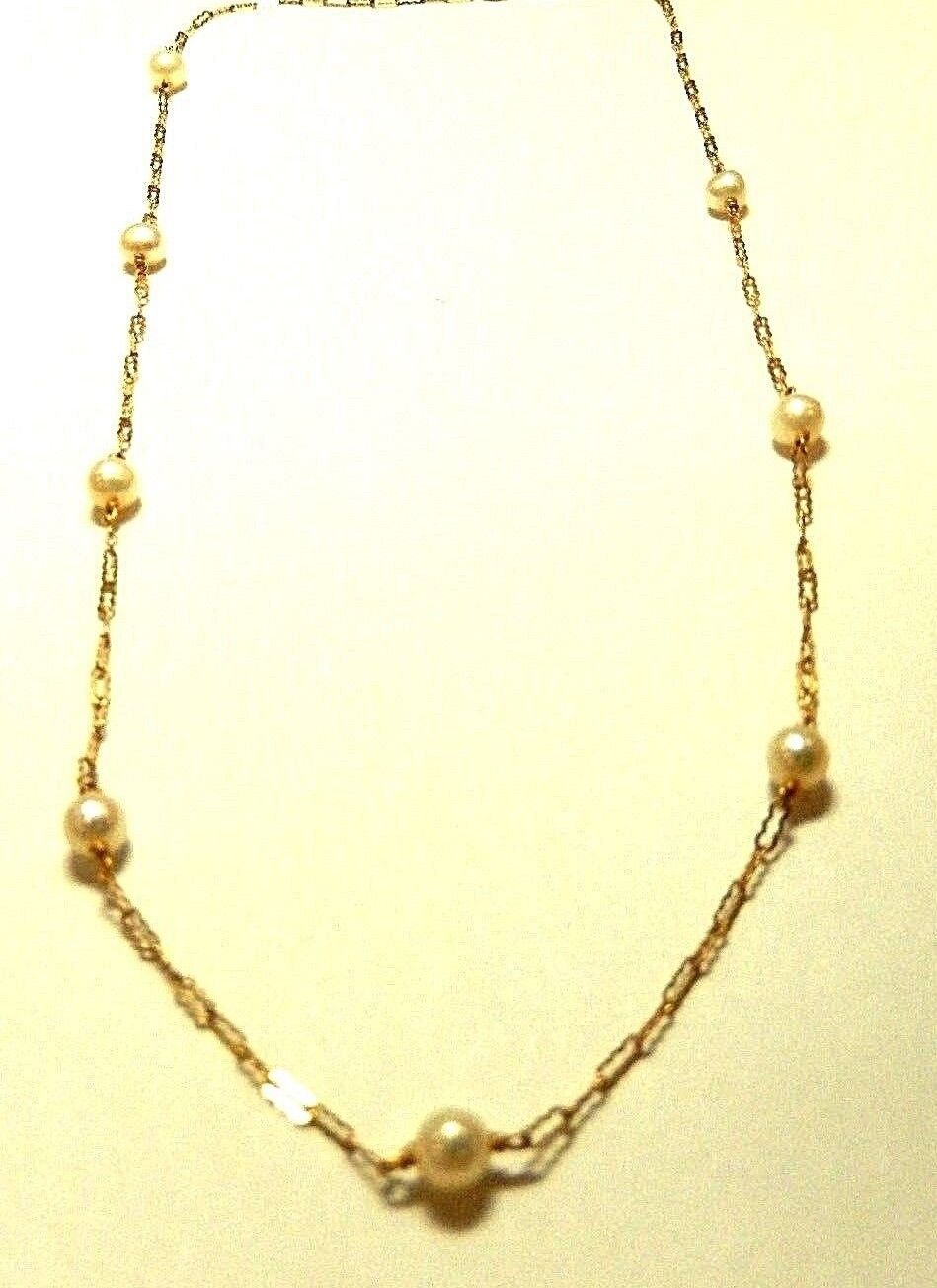14k Yellow Gold Chain Necklace with 8 Round 5mm  Pearls 17" Length