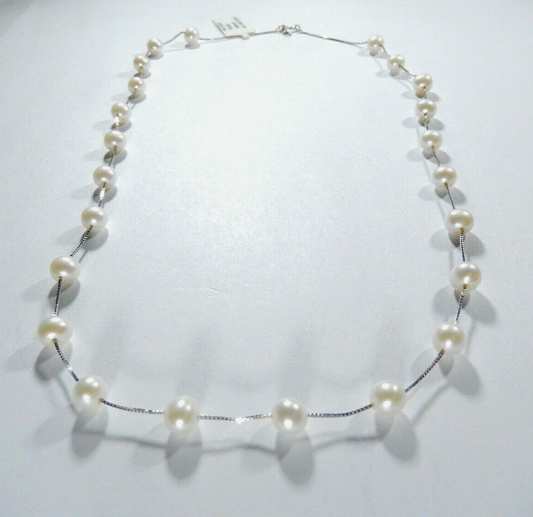 *VINTAGE*  14K White Gold Box Chain Necklace with 23 White 6 mm Pearls 16"length