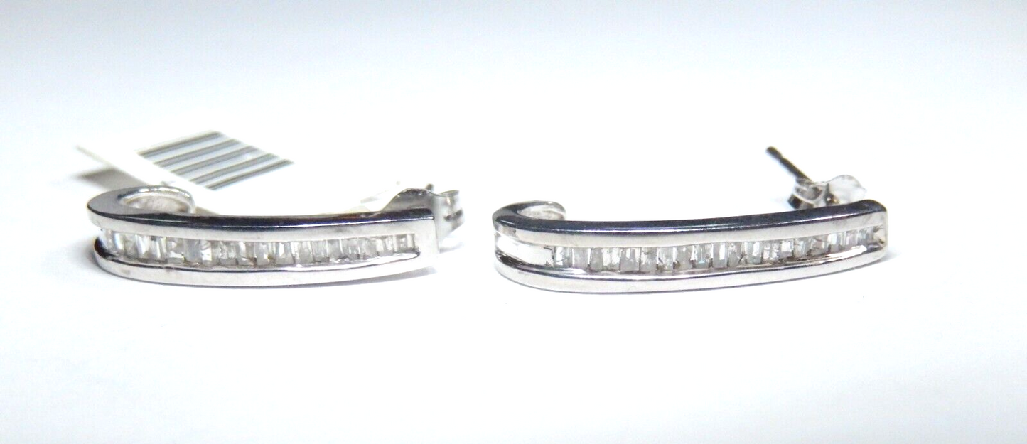 *VINTAGE* 10k White Gold Baguette Natural Diamond Half Hoop Dangle Earrings