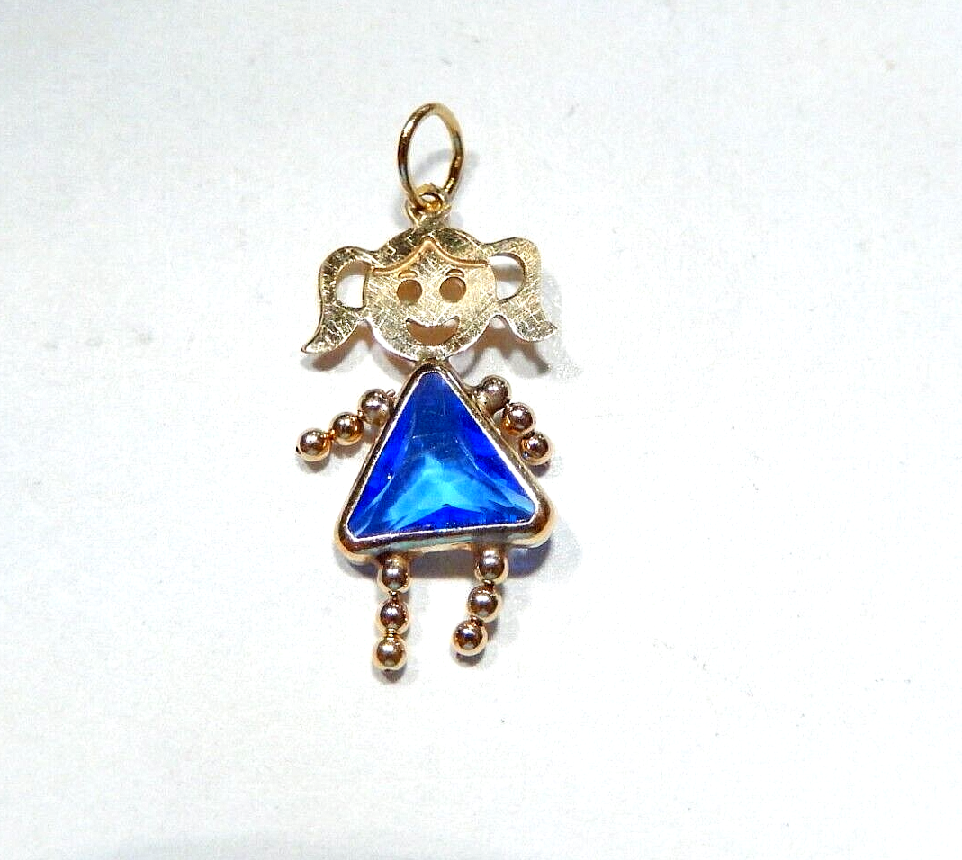 14K Gold Girl Baby Charm Pendant Sapphire September Birthstone Baby 3/4" Tall