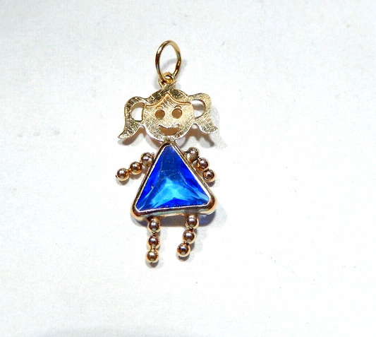 14K Gold Girl Baby Charm Pendant Sapphire September Birthstone Baby 3/4" Tall