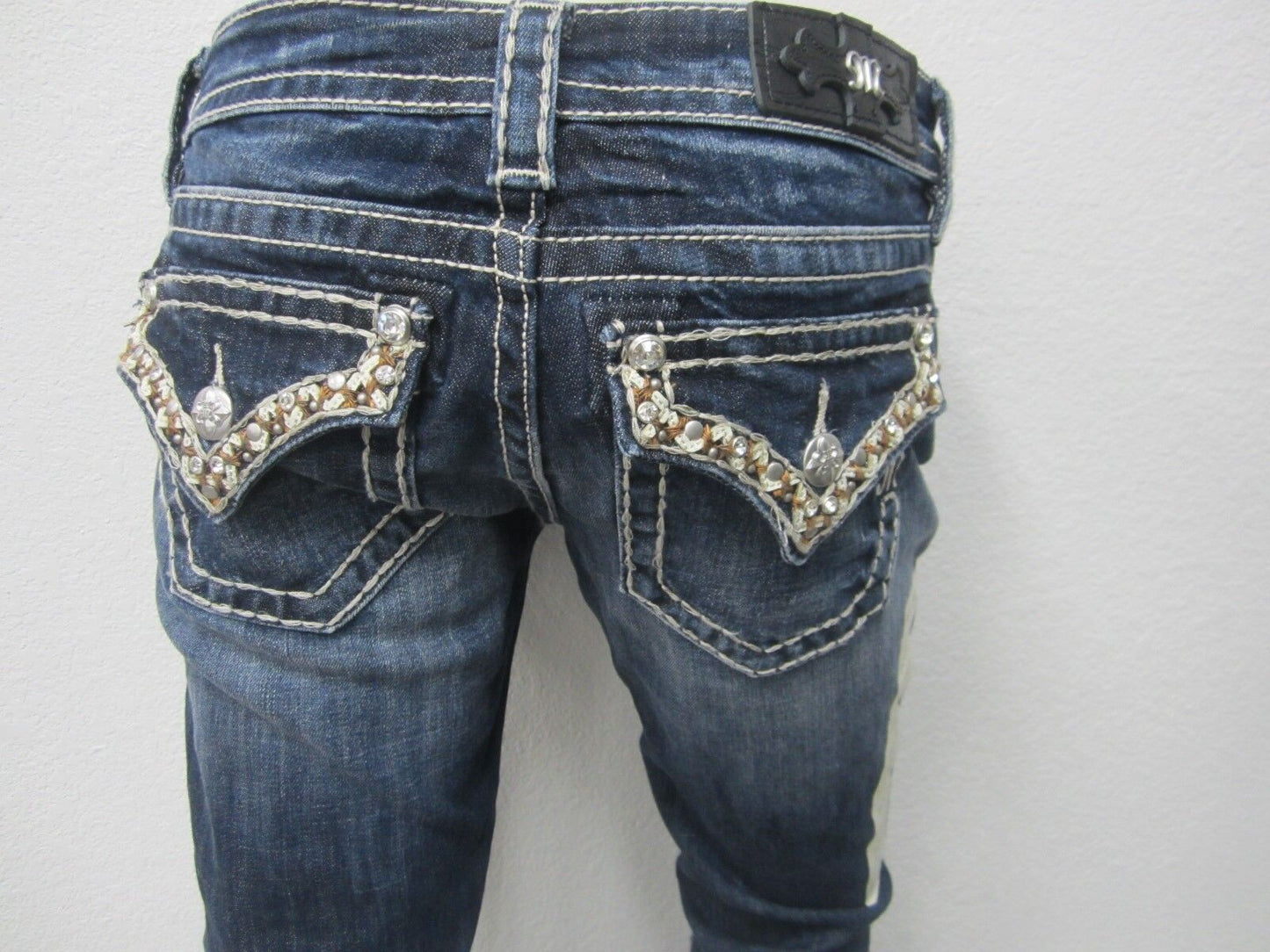NWTMiss Me Ladies' White & Tan Stitching Bling Medium Wash Bootcut Jeans JP7306B
