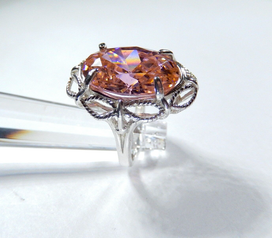 ~ HUGE ~  .925 Sterling Silver 20.0 CT Statement Ring Pink CZ Cocktail Ring sz6