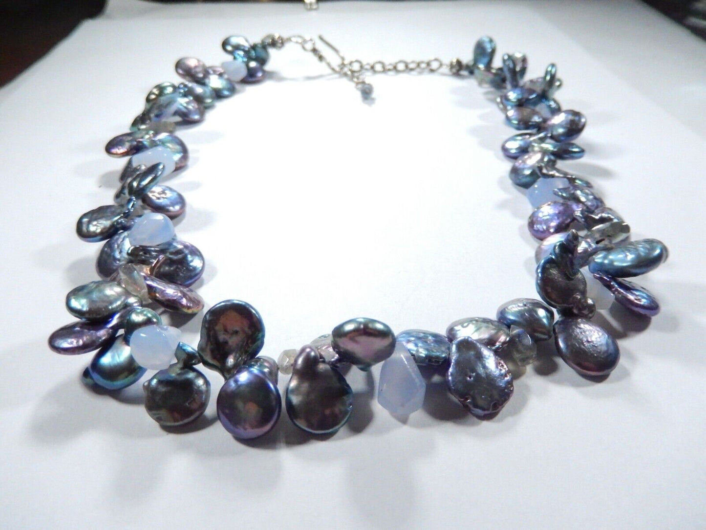 STERLING SILVER BLACK BAROQUE BUTTON PEARL & BLUE LACE GEMSTONE NECKLACE 19"