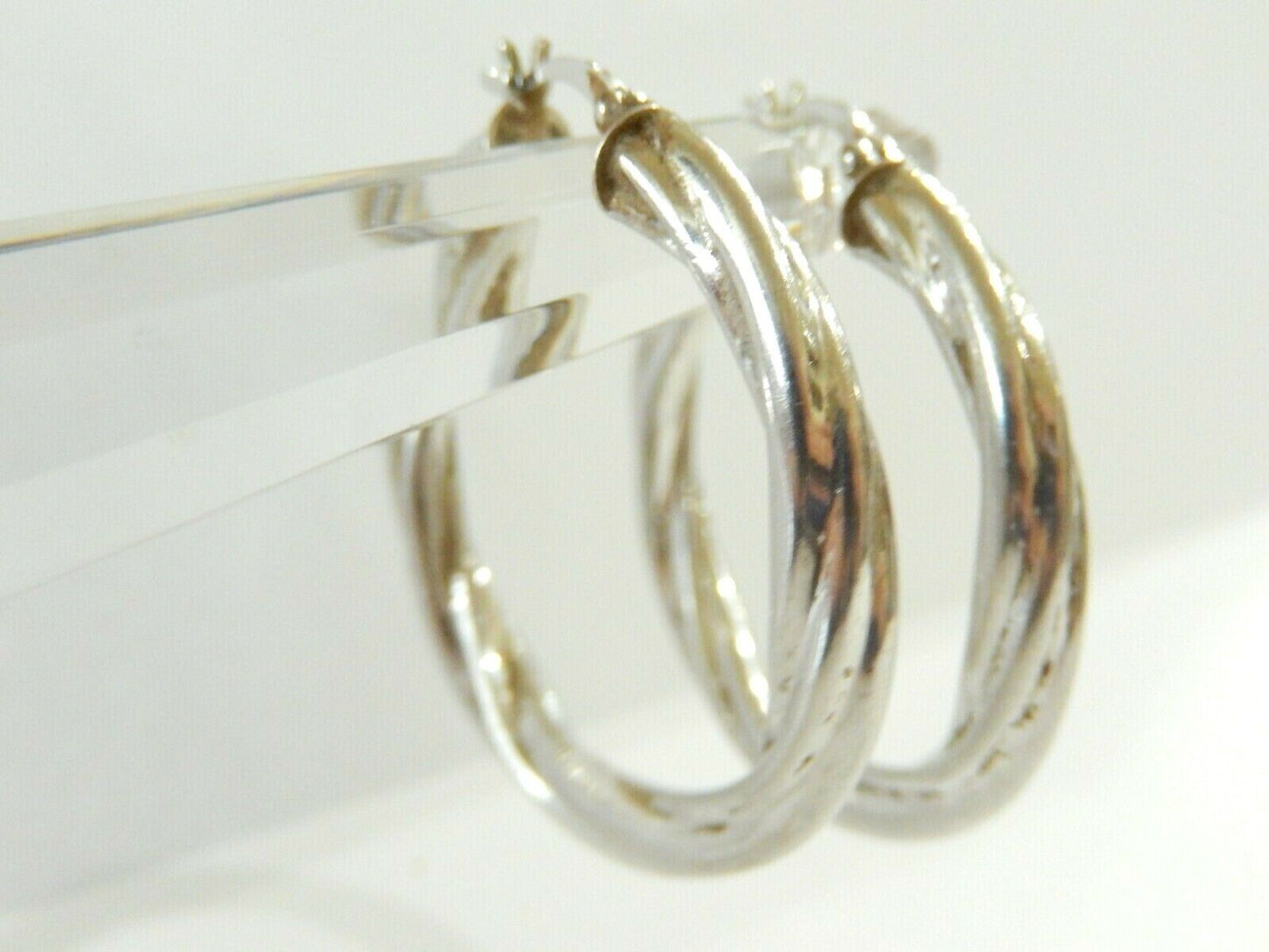 *VINTAGE*  LARGE 925 Sterling Silver Twisted Style Puffed Hoop Earrings  1.5"