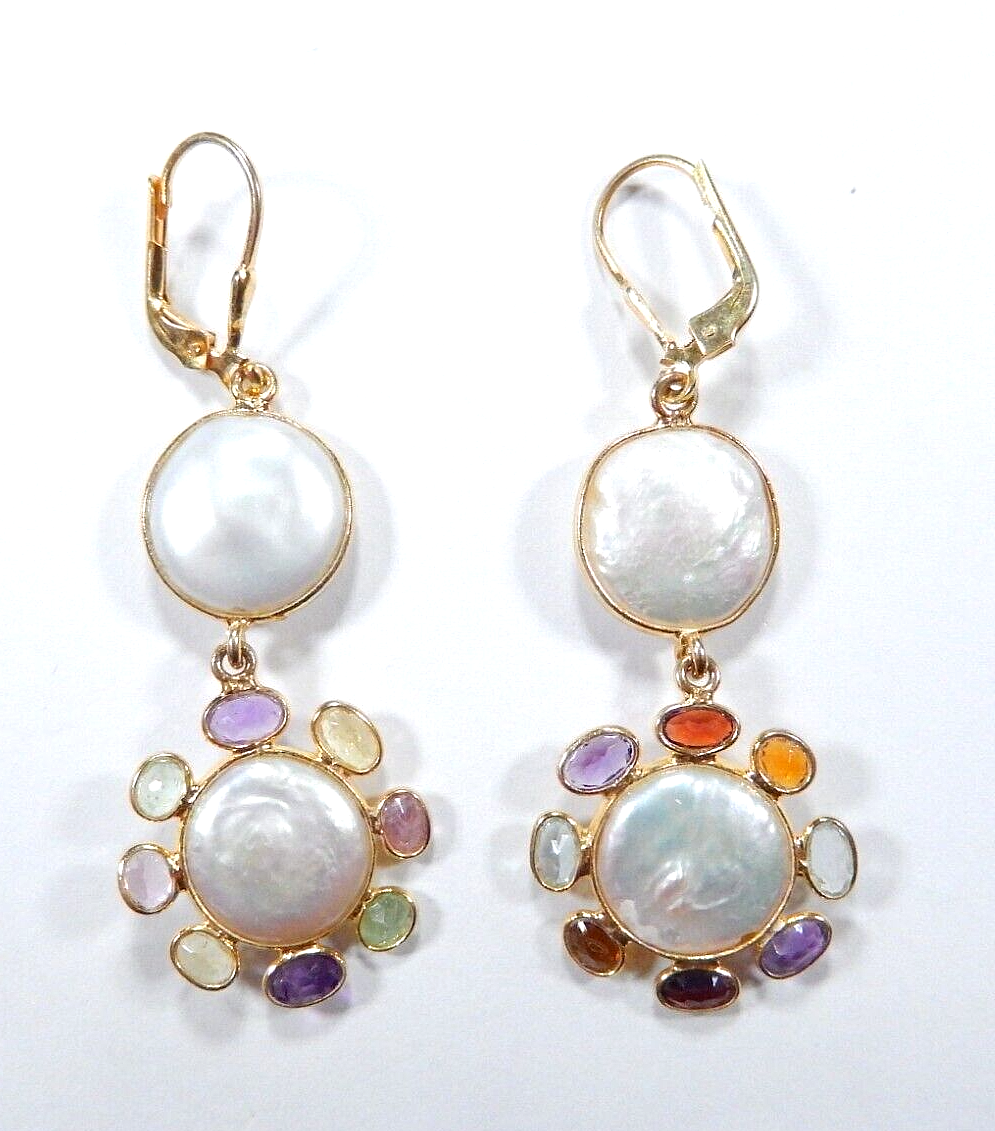 ~NEW~ Gold Vermeil White Button Pearl & Multi Gem Drop Dangle Leverback Earrings