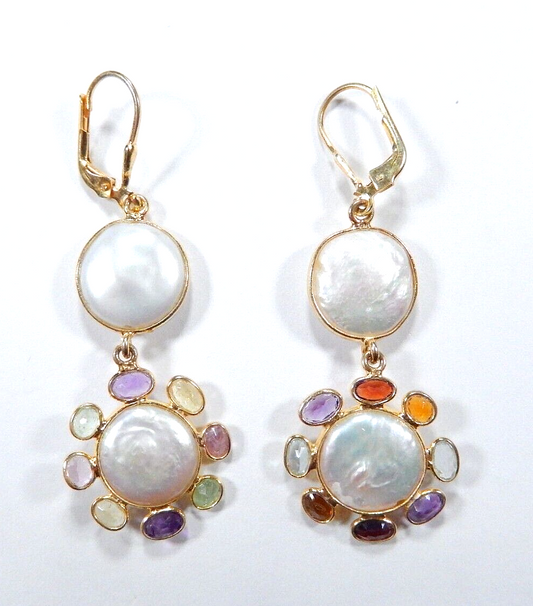 ~NEW~ Gold Vermeil White Button Pearl & Multi Gem Drop Dangle Leverback Earrings
