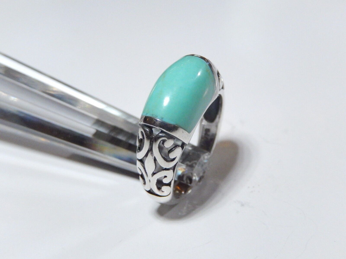 *VINTAGE*  Scroll Design Sterling Silver Inlay Turquoise Ring Size 8