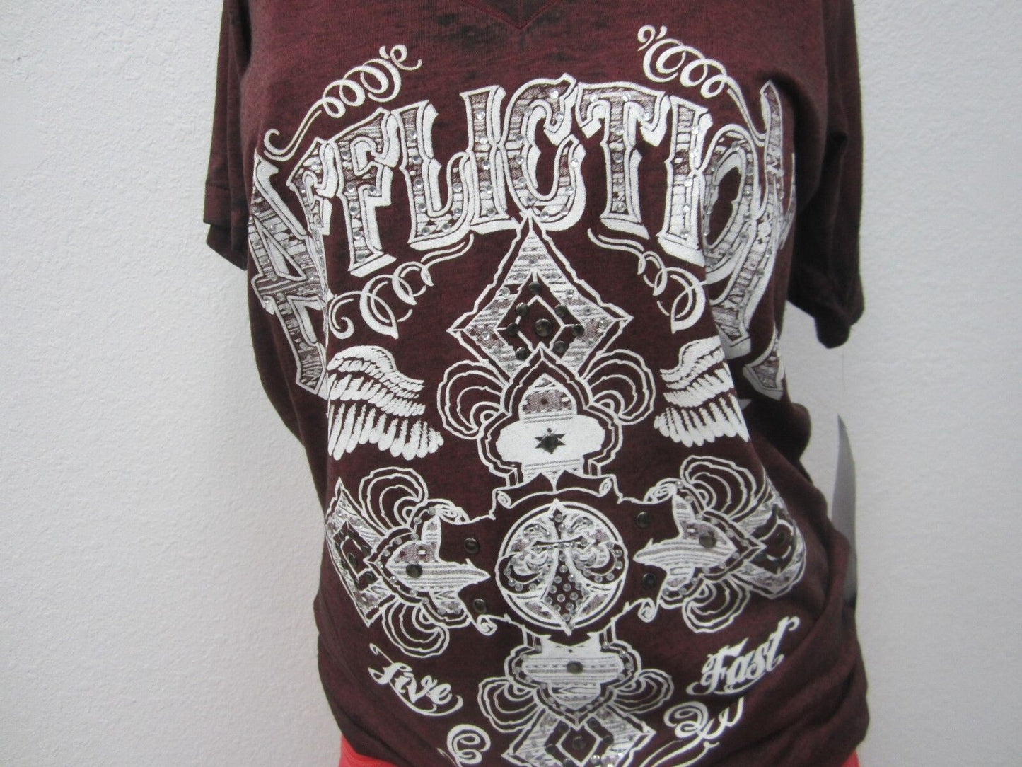 NWT AFFLICTION  AW13621 Fawn Creek New Women`s Short Sleeve Live Fast Top Size L