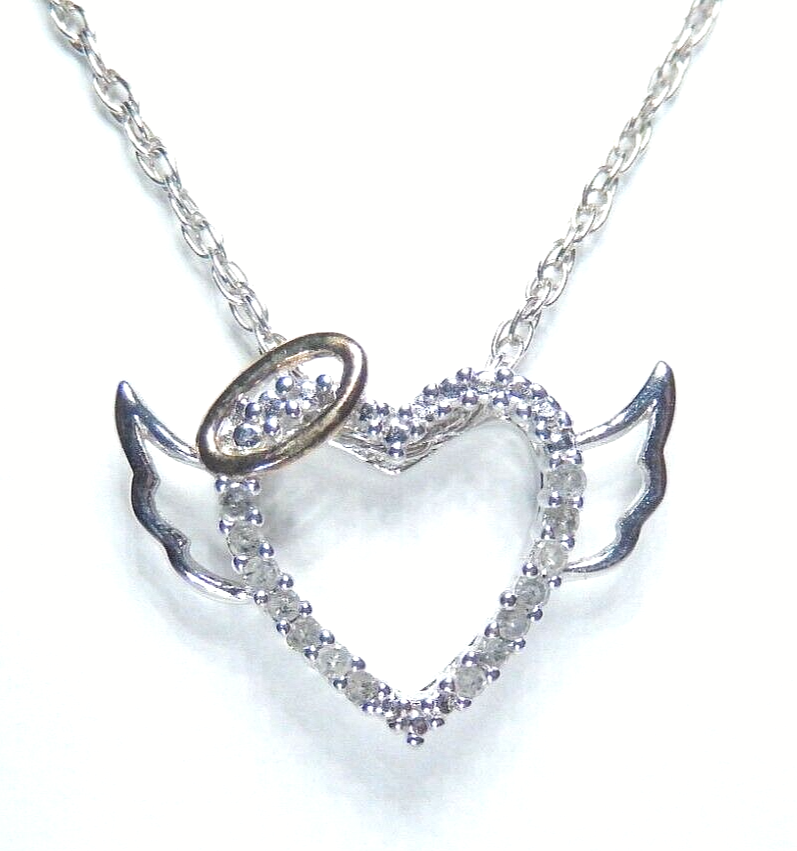 *NWT* Sterling Silver 14 Round Diamond Angel Heart Wing Pendant w/18" Chain