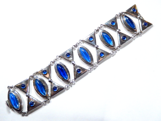 VINTAGE Mexico Sterling Silver Rare Blue Cabochon Cut Glass Panel Bracelet 7.25"