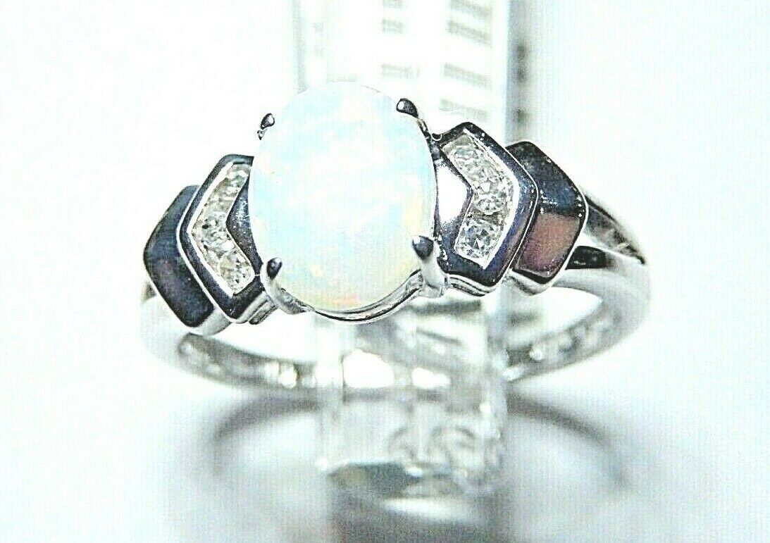 *NWT* 10k White Gold Oval Opal And Six Diamond Ring Size 7