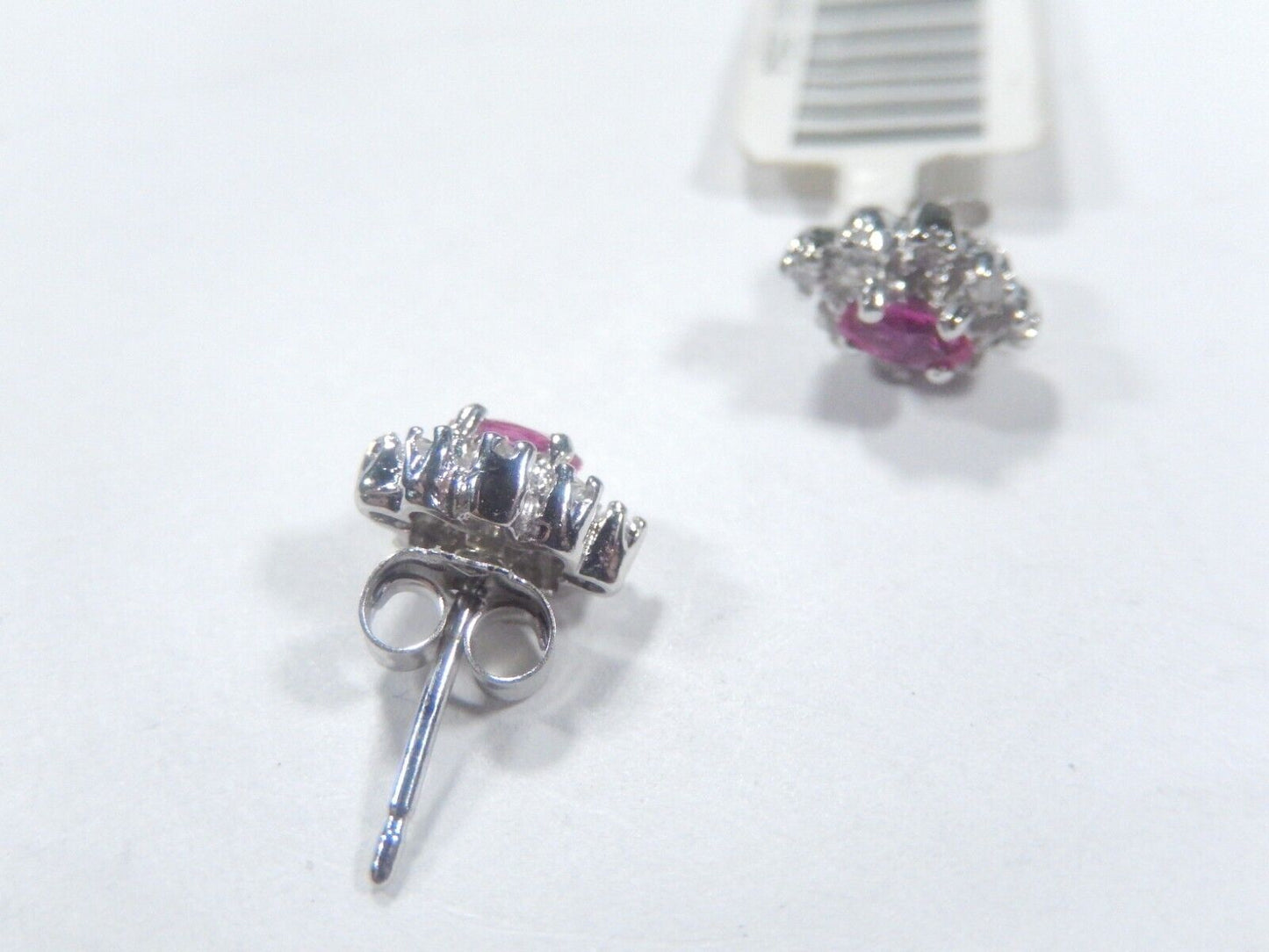 14k Solid White Gold Natural Ruby 16 Diamond Halo  Ear Studs