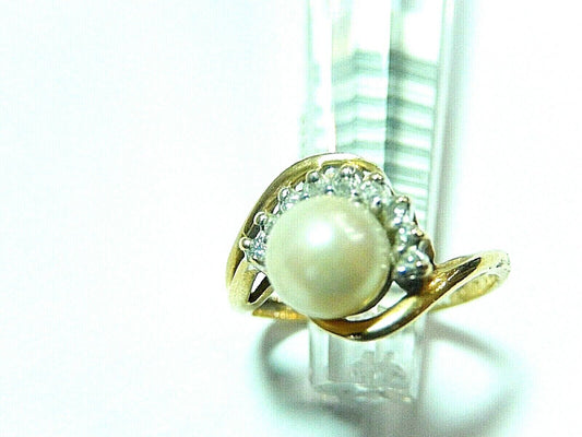 *VINTAGE* Gorgeous 14k Yellow Gold Natural 6.5mm White Pearl & Diamond Ring Sz 6