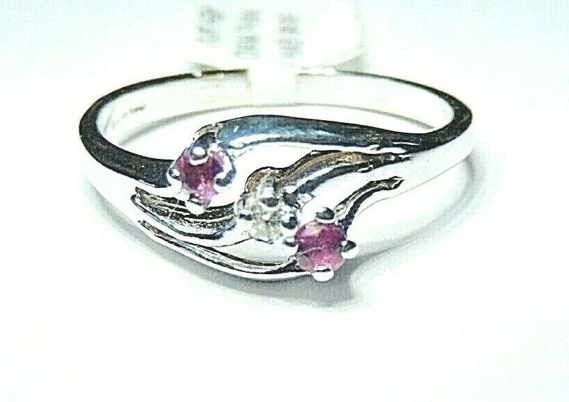 *NWT*  10k White Gold Three Stone Ruby & Genuine Diamond Ring Size 6