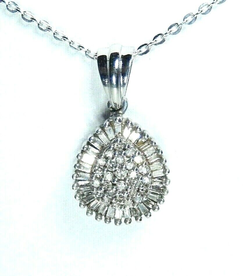 *NWT*  3/4 Ct Round & Baguette Diamond 10K White Gold Cluster Pendant Necklace