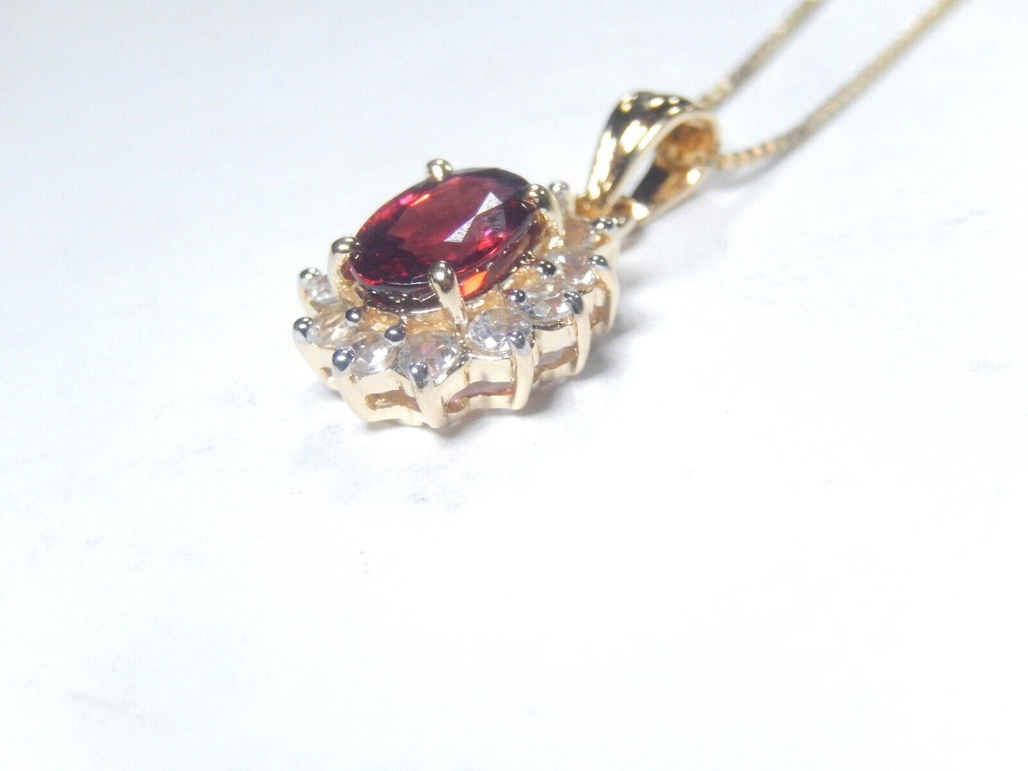14K Yellow Gold 2.00 Ct Oval Cut Red Garnet & 12 CZ Pendant w/18"chain