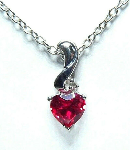 *NWT* 10K White Gold .75CT Red Ruby Heart Solitaire & Diamond Pendant w/18"Chain