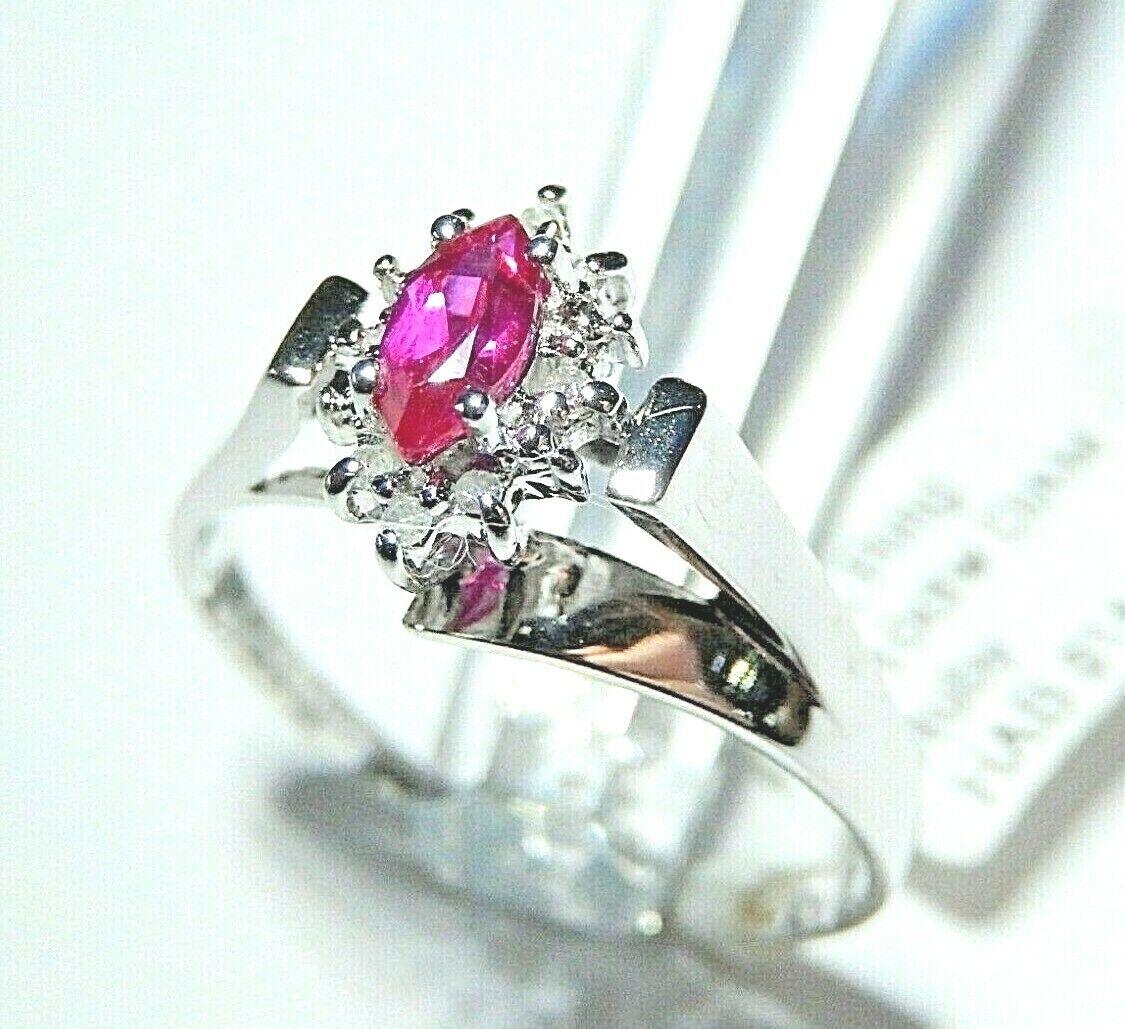 *NWT* 10K White Gold 1/3 CT Marquise Ruby & Natural Diamond  Halo Ring Sz 10.25