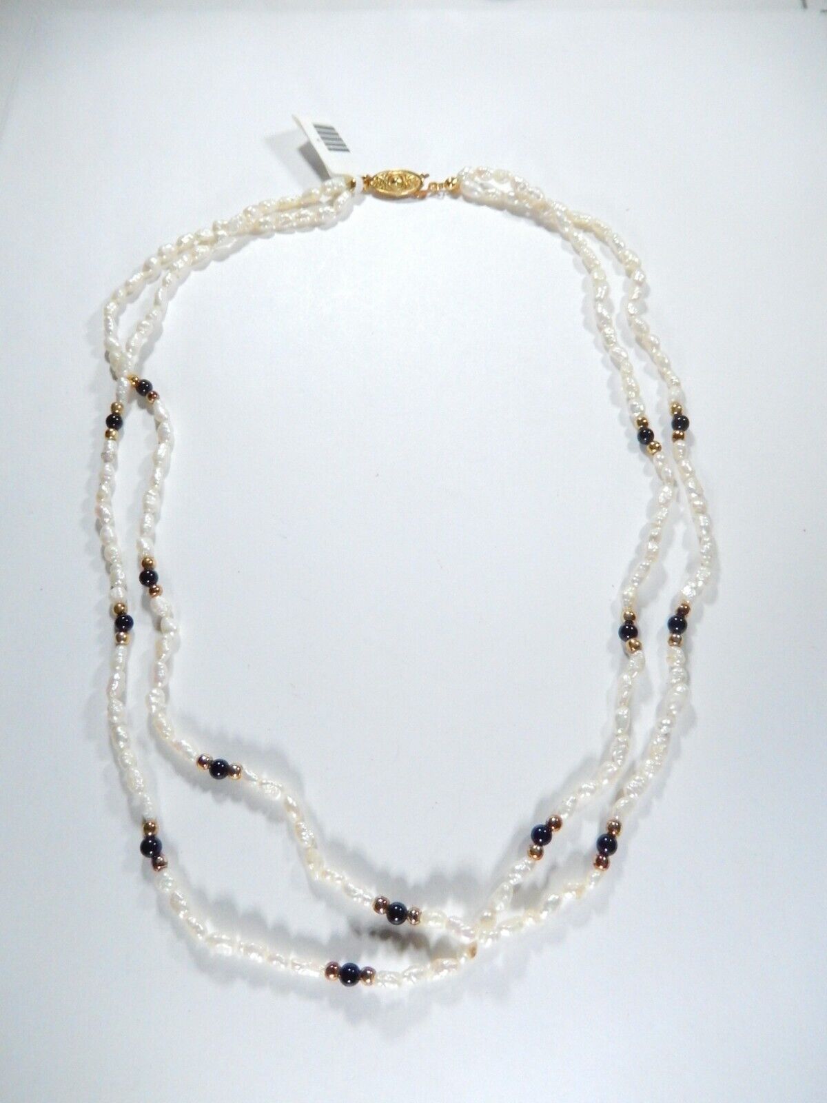 Double  Strand 18" Rice White Pearl & Black Onyx & Gold Bead Necklace