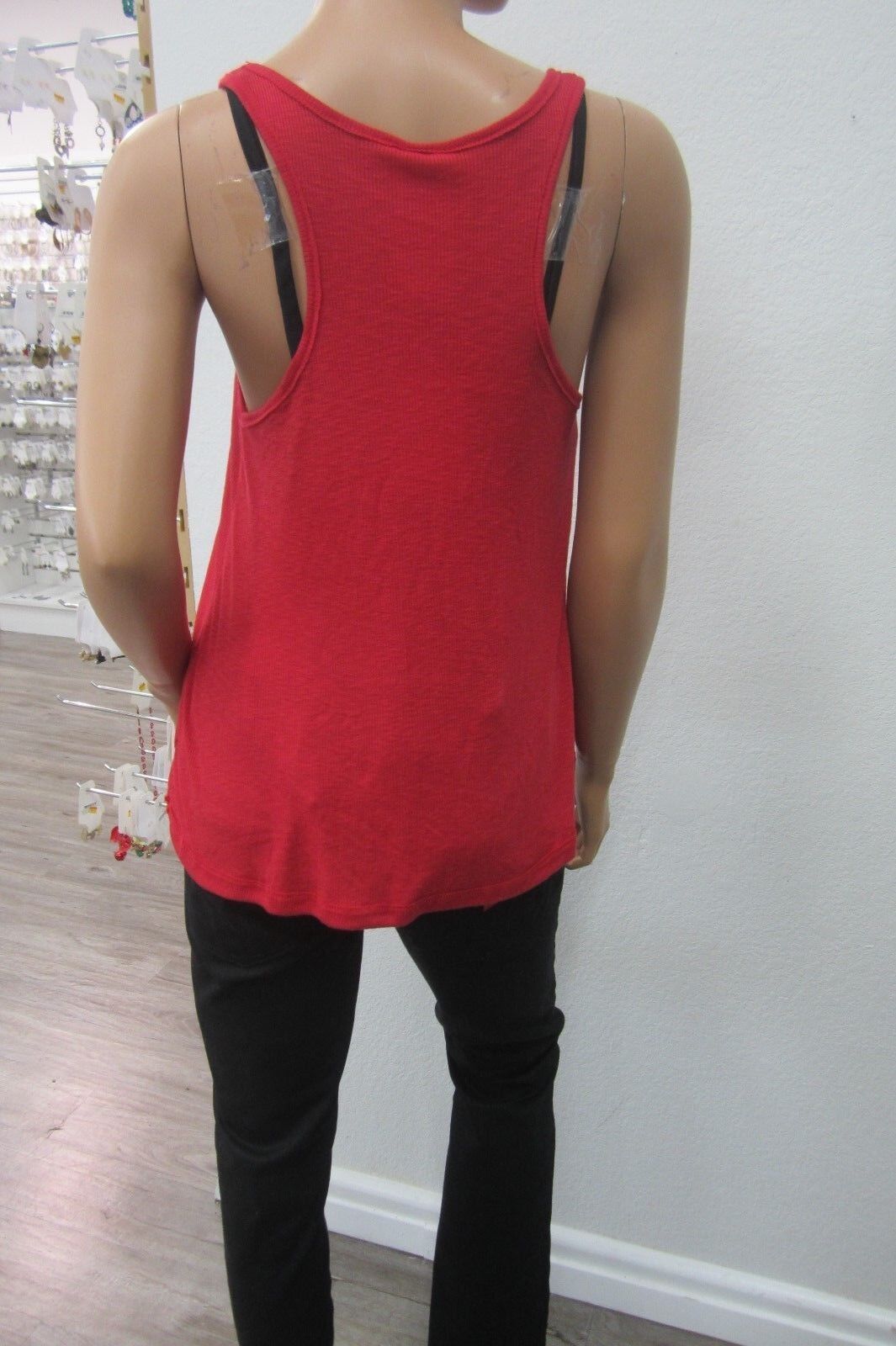 NEW-Free People Womens Tank Top Ribbed Red Sexy Fit Bohemian Cotton Blend Sz S/P