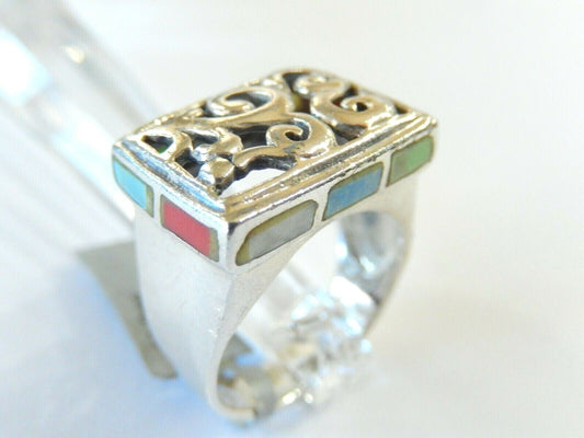 *VINTAGE*  STERLING SILVER TURQUOISE & CORAL  NATIVE AMERICAN RING Size 9.25