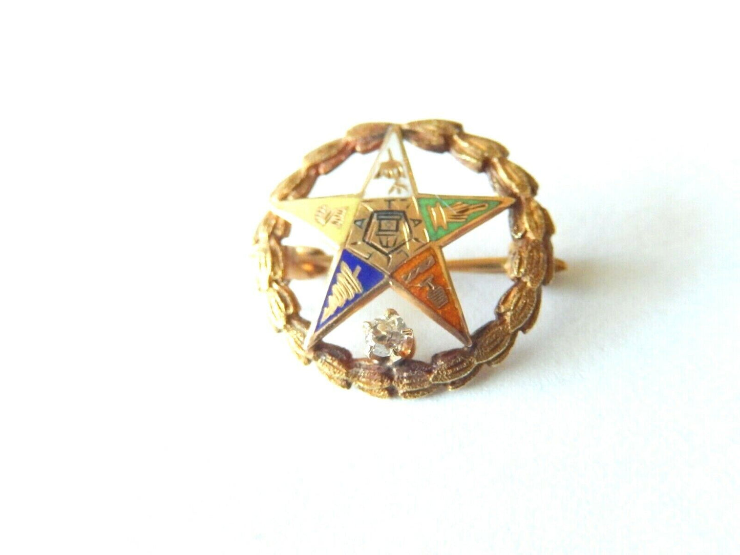 Antique 14K Yellow Gold Eastern Star Pin With Mine Cut Diamond NICE!!