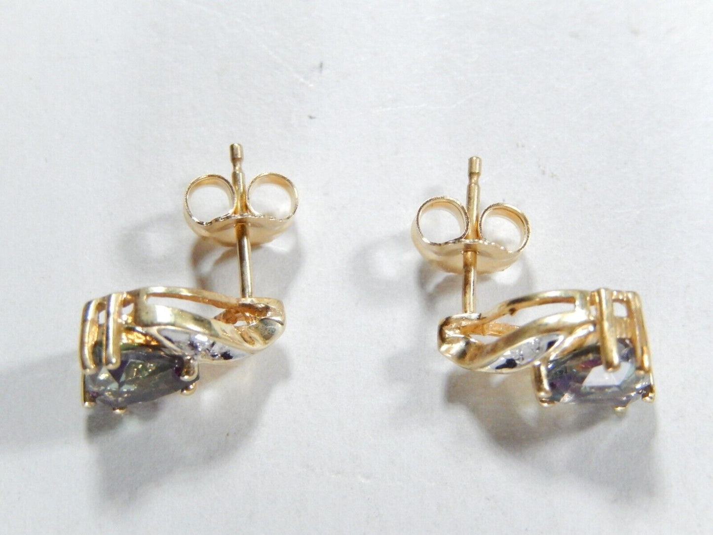 *VINTAGE*  10k Yellow Gold Trillion  Mystic Topaz and Diamond Stud Earrings