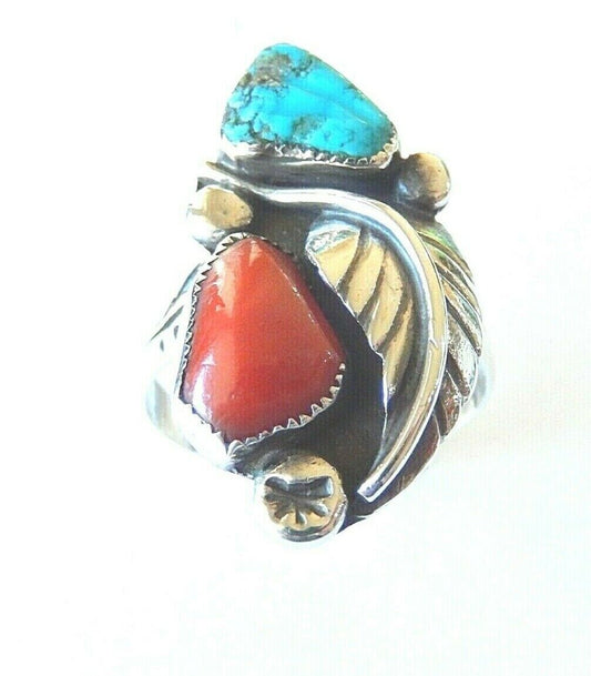 *VINTAGE*  Turquoise & Coral Large Sterling Silver Native Amer Signed Ring Sz 14