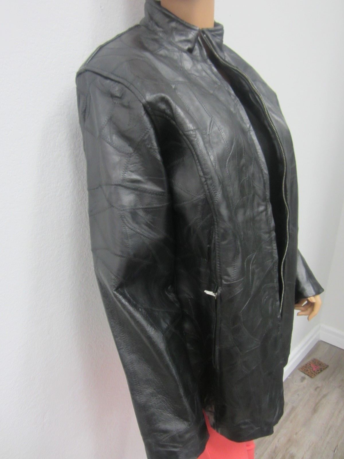 VERY NICE Cellini Black Soft Mosaic Patch Leather Women Coat Jacket Sz XL