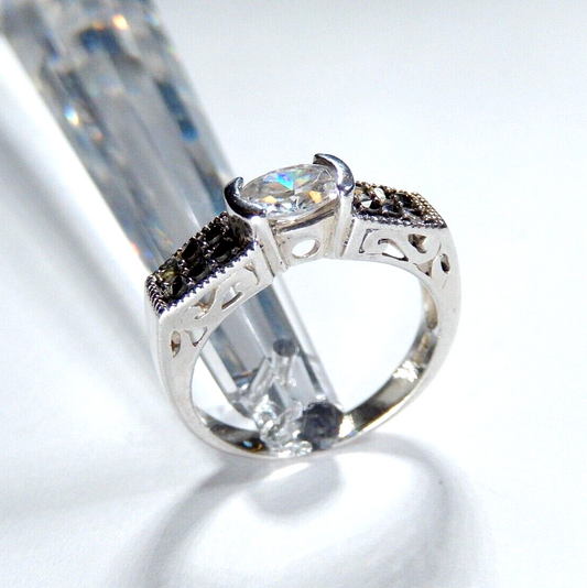 *VINTAGE* Sterling Silver Filigree Style Wedding Ring .75 CT Oval CZ & Marcasite