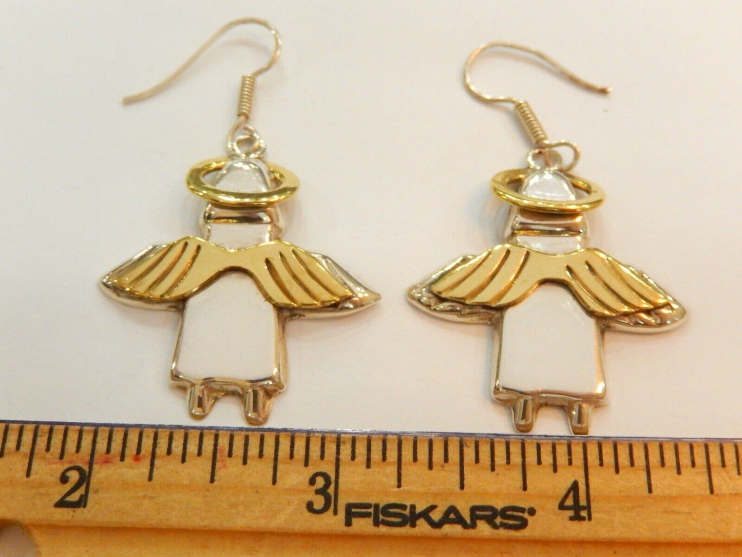 *VINTAGE* STERLING SILVER  ANGEL EARRINGS w/BRASS WINGS & HALO 1.5"