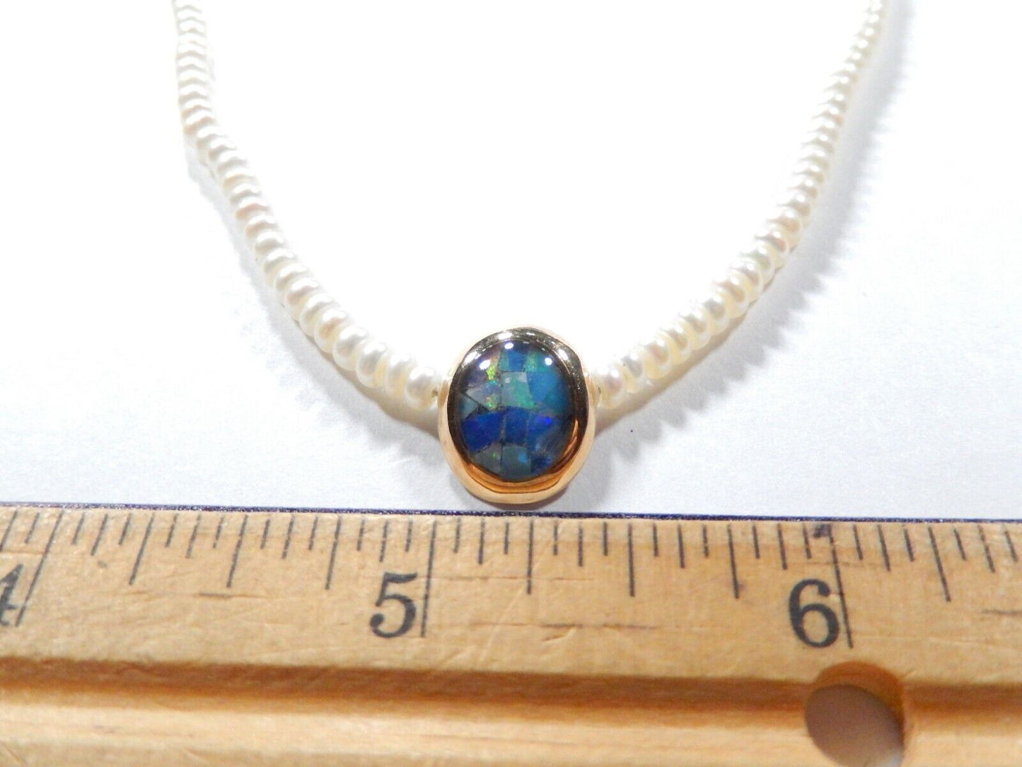 *VINTAGE* 14K Yellow Gold Mosaic Opal Triplet Pendant /18" Button Pearl Necklace