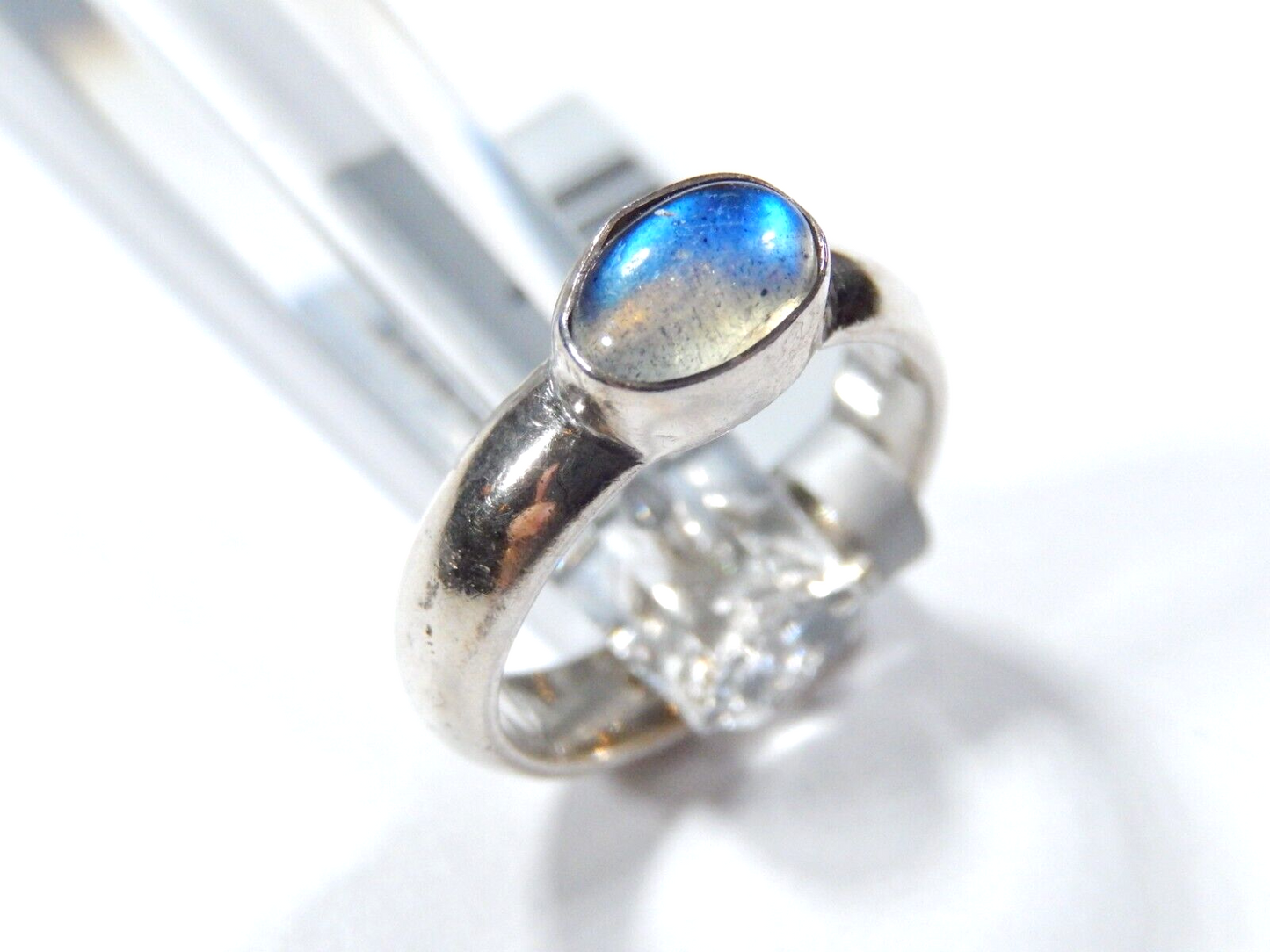 *VINTAGE*  Natural Rainbow Moon Stone 4.5 mm Wide Band Sterling Silver Size 5