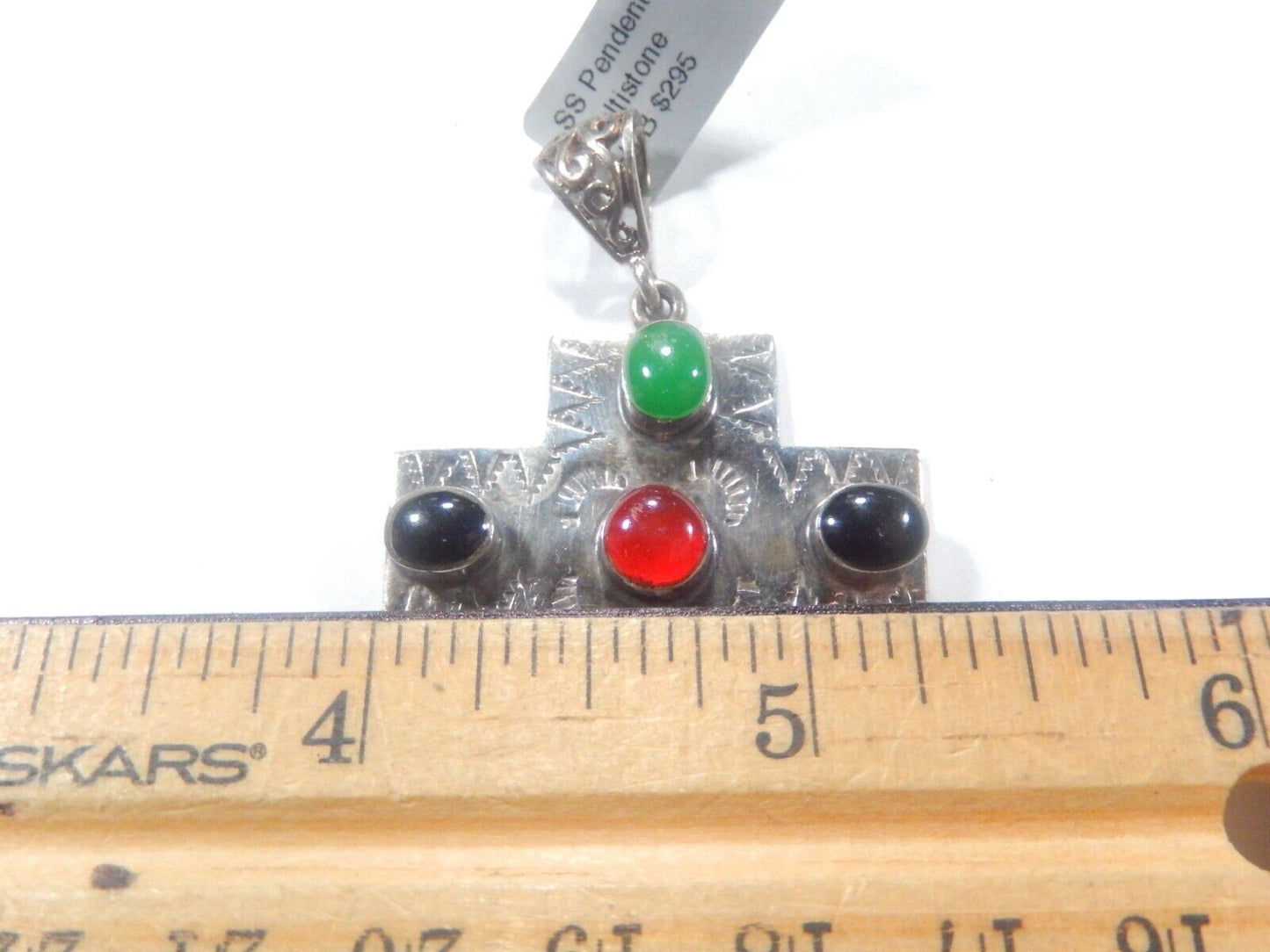 *VINTAGE*  LARGE Taxco Mexico Sterling Silver Multi Gem Cross Pendant Signed