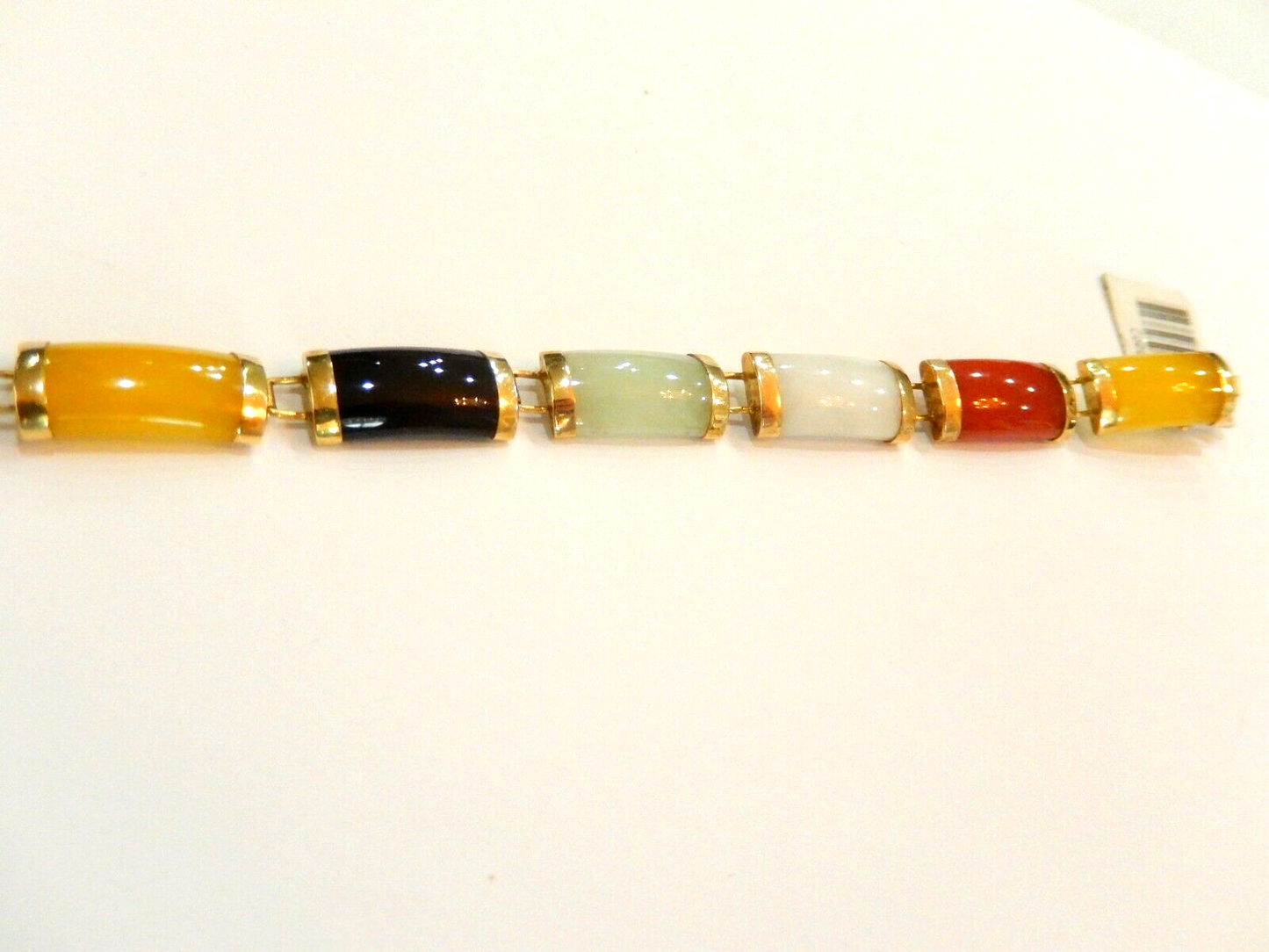 10K Yellow Gold Multi-Color Jade 8.5 MM Wide Capped Bar Link Bracelet 7.5 Inch