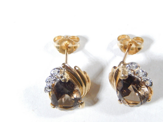 *VINTAGE*  10K Yellow Gold 3.00 CT TW Smoky Quartz and Diamond Stud Earrings