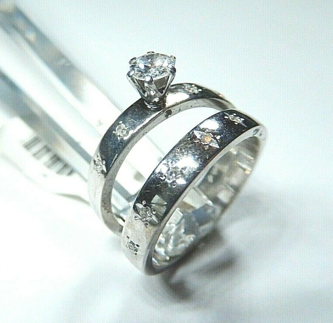 *VINTAGE*  14K White Gold 2Pcs .33CT Diamond Wedding Engagement Ring Set Size 5