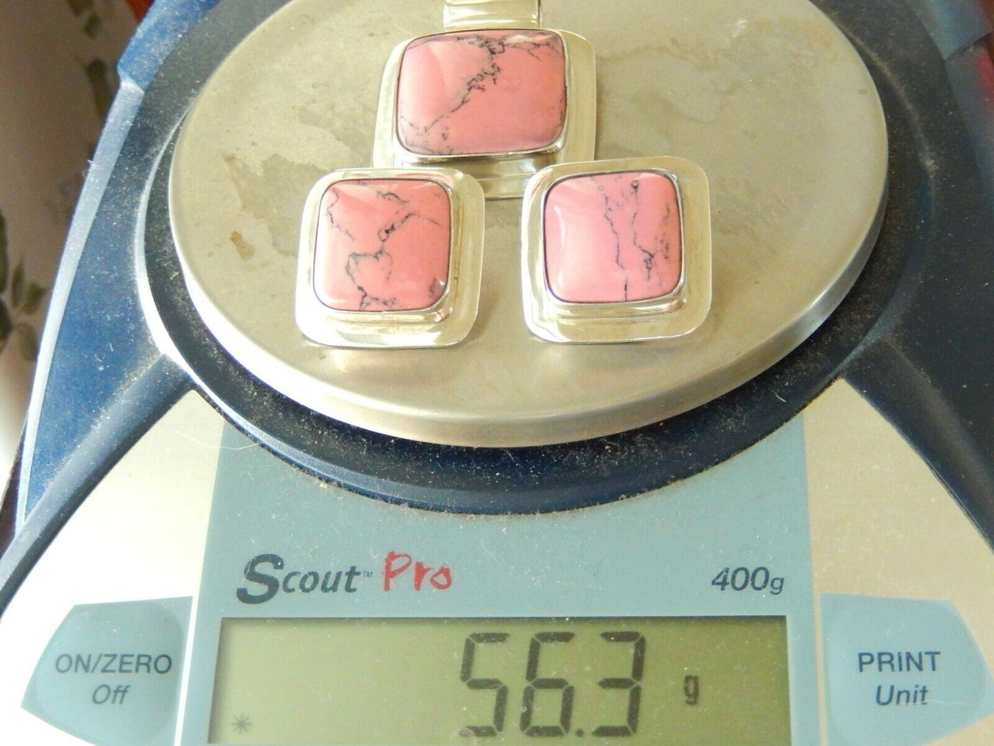 *VINTAGE* Sterling Silver Mexico Pink & Black Rhodolite Pendant & Earring Set