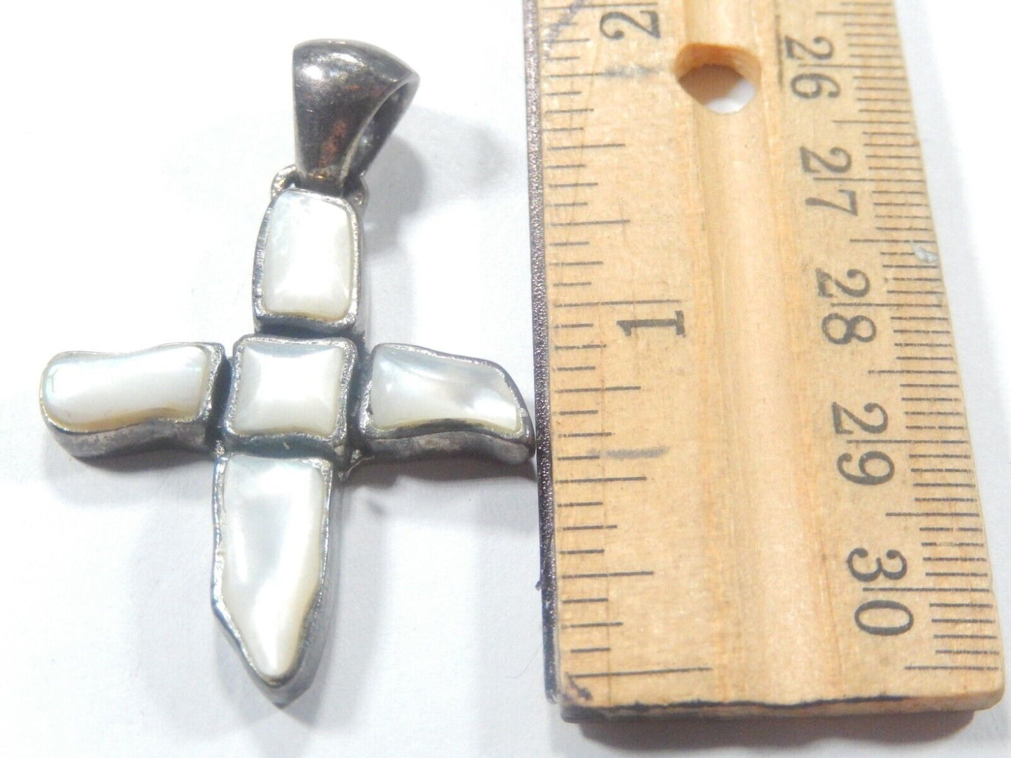 *VINTAGE*  925 Sterling Silver -  Mother Of Pearl Religious Cross Pendant