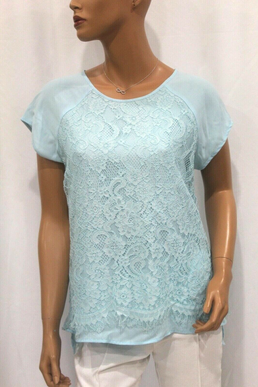 CHICO’S Blue Lace Front Short Sleeve Blouse With Fringe Lace Hem SIZE 1 - CUTE