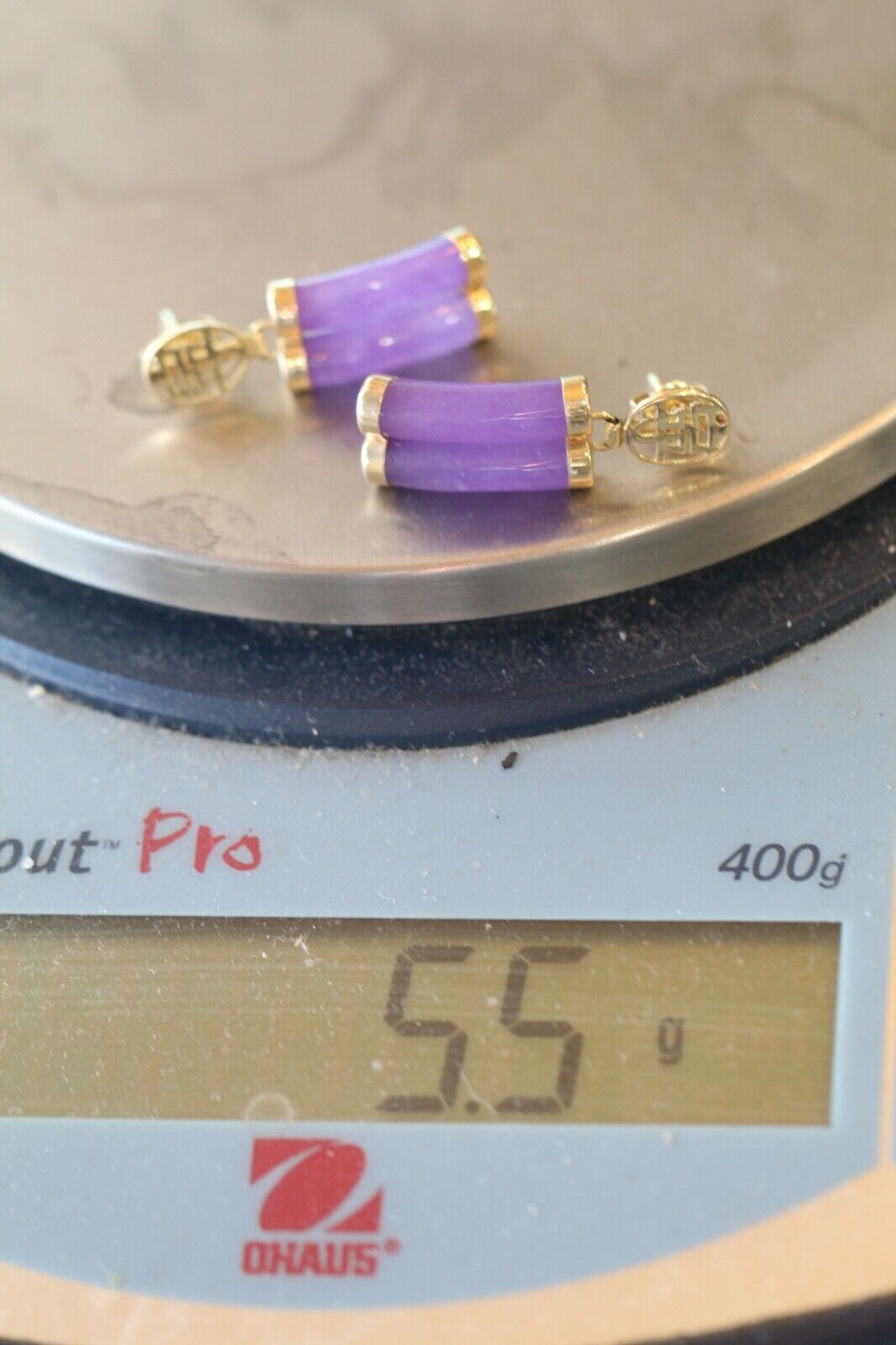 *VINTAGE*  14k Yellow Gold LONGEVITY Chinese Symbol  Amethyst Dangle Earrings