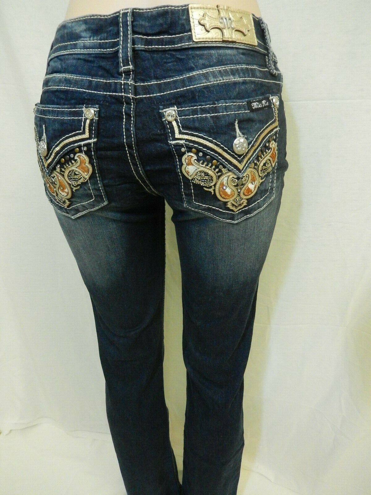 NWT  Miss Me M3316B Paisley Embroidered Dark Wash Boot Cut Jeans Size W28 x L34"