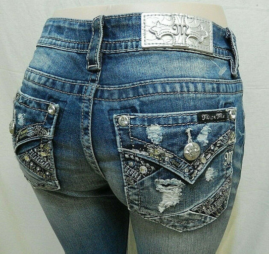 NWT Miss Me Standard Boot Cut Jeans Medium Blue Beads Jewels Bling Size 25 x 31"