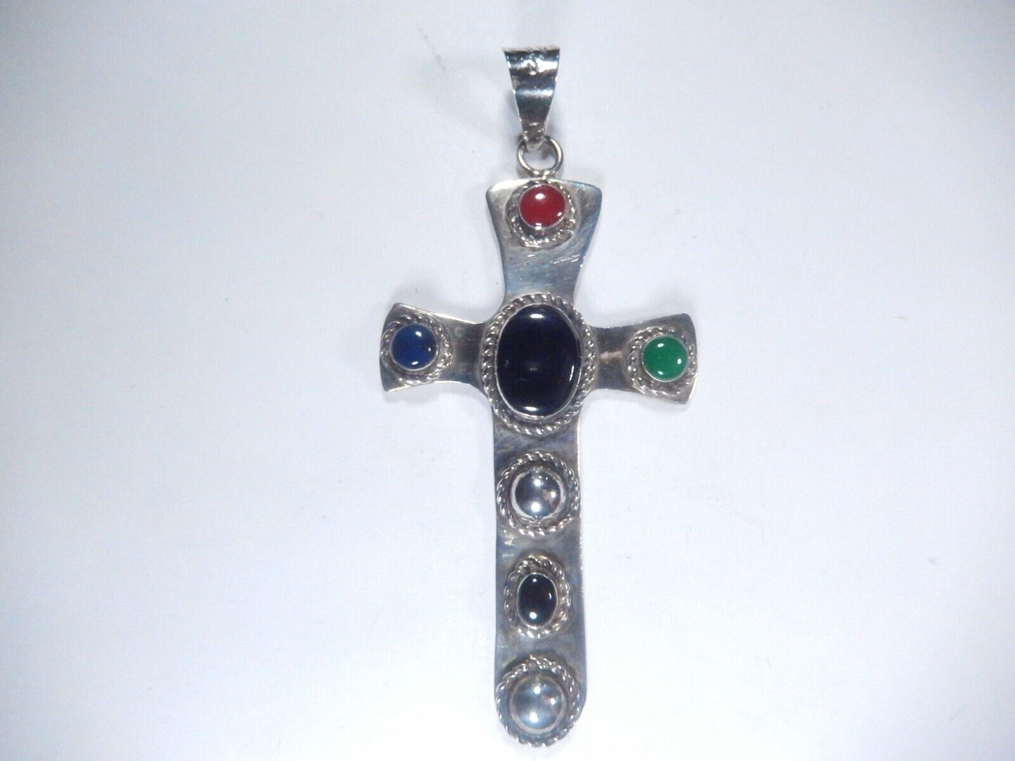 *VINTAGE*  Large Sterling Taxco Mexico Multi Gemstone Cross Pendant 3.5" Tall