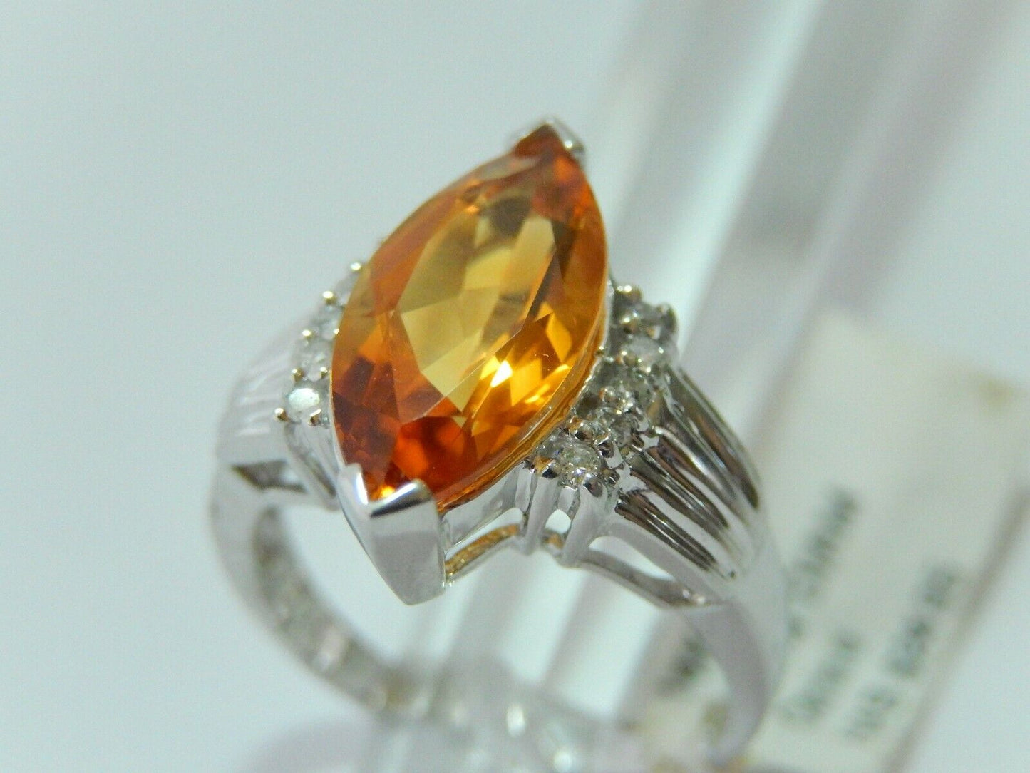 14K White Gold 3CT Natural Yellow Citrine and Diamond Cocktail Ring Sz 7