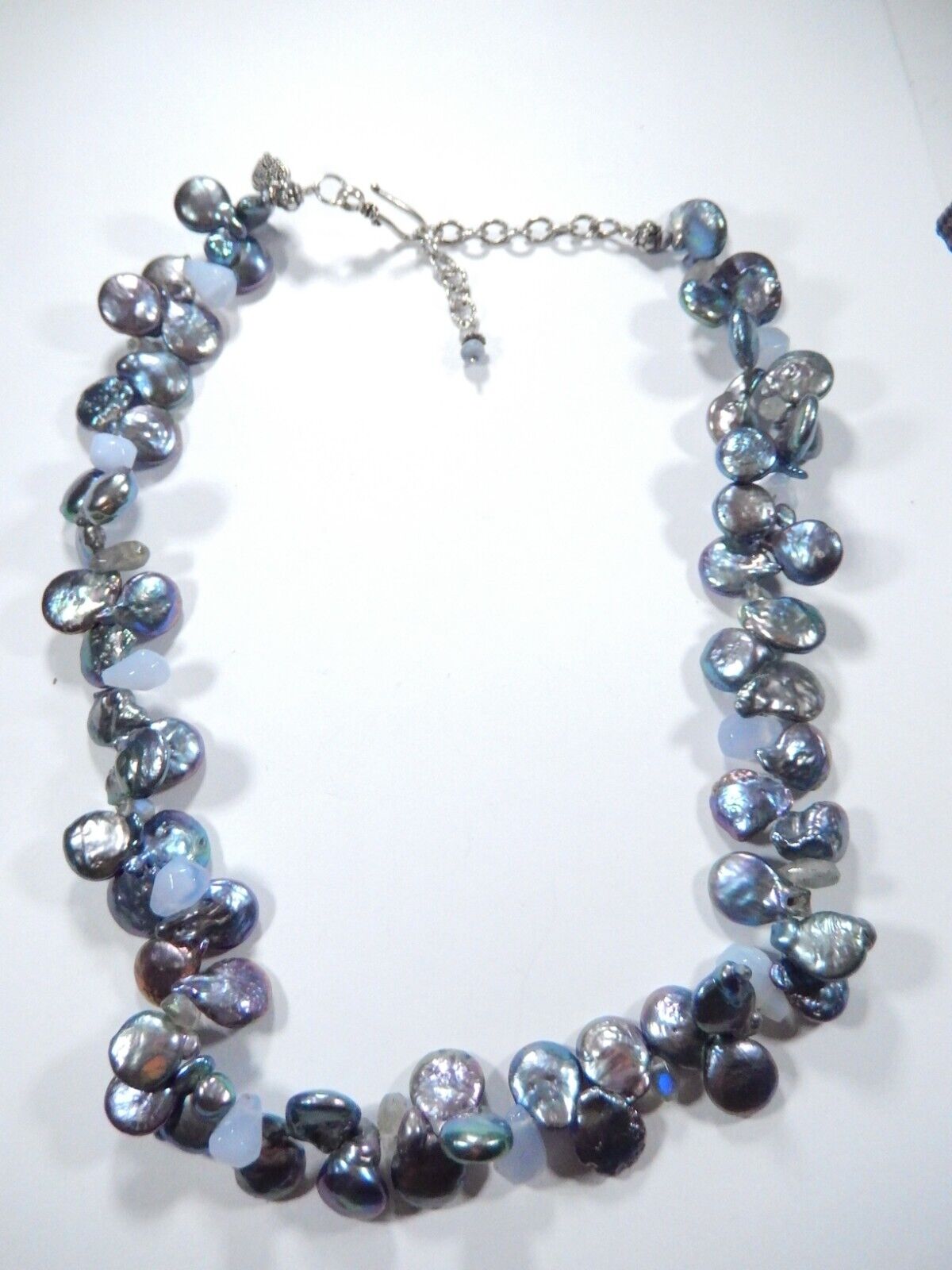 STERLING SILVER BLACK BAROQUE BUTTON PEARL & BLUE LACE GEMSTONE NECKLACE 19"