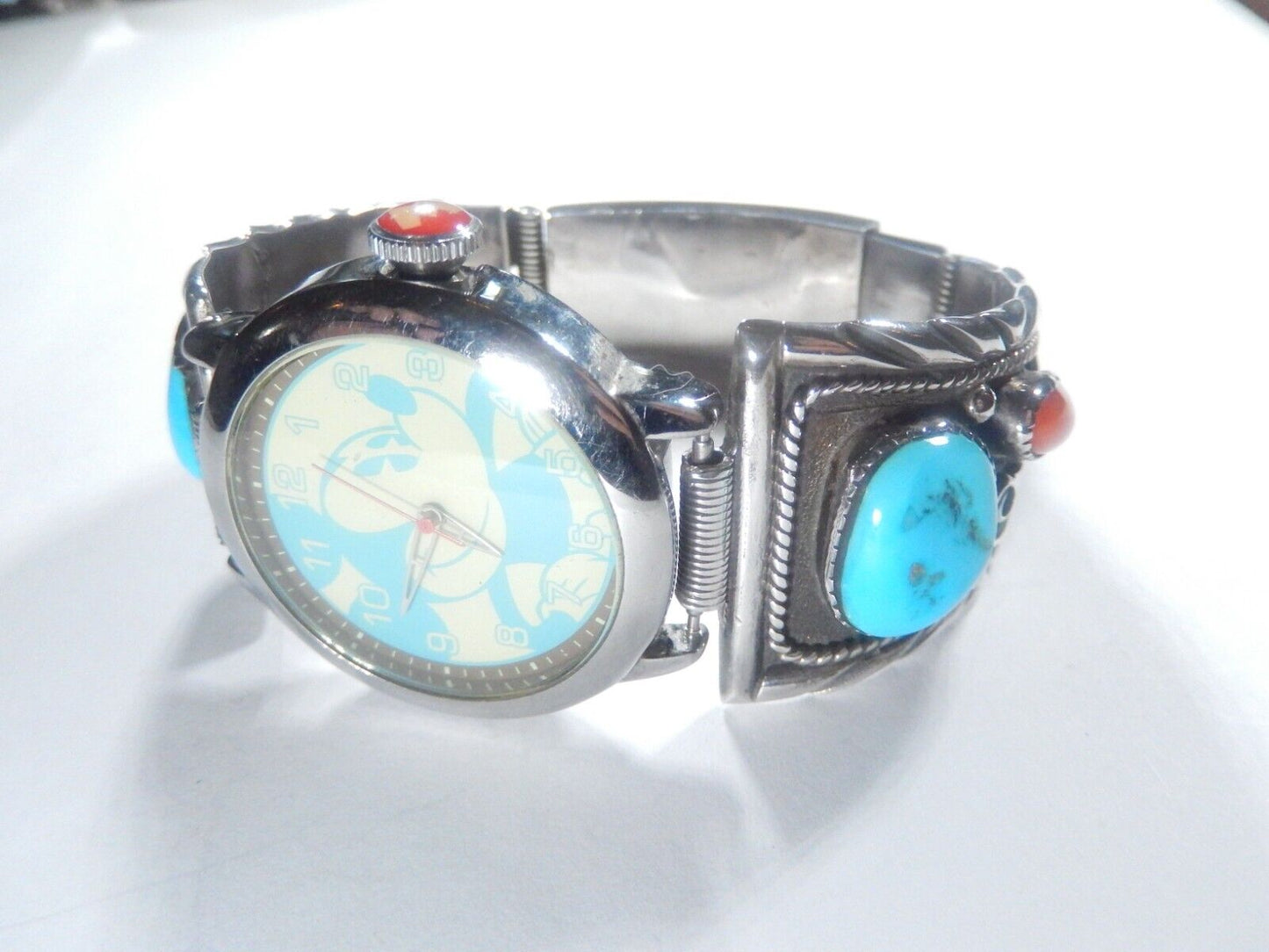 LARGE  Sterling Silver Navajo "AJ" Handmade Natural Turquoise Watch Tip Bracelet