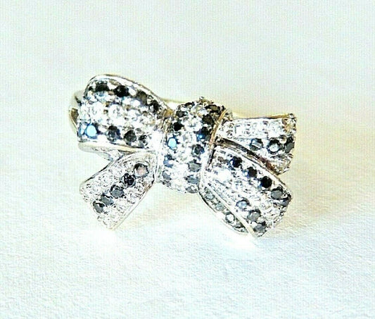 *VINTAGE* 14k White Gold .85CT White  And Black Round Diamond Bow Ring Size 7