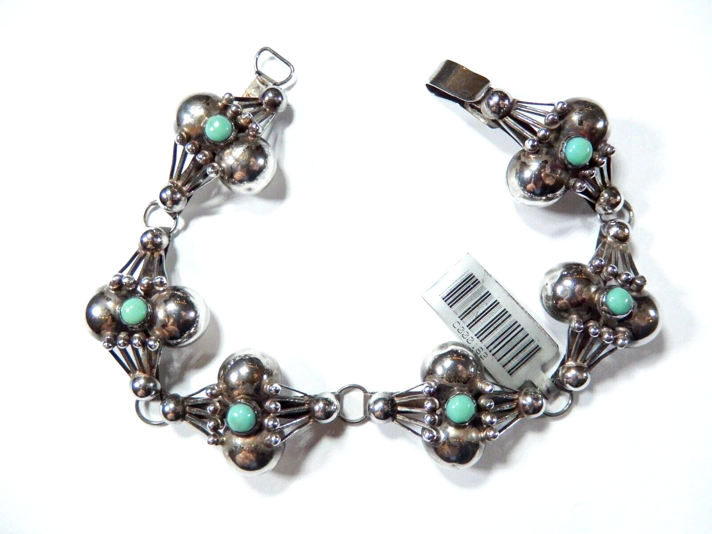 *VINTAGE Mexico FSS Sterling Silver Turquoise Ball Bead Design Link Bracelet 8”